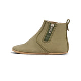 Photo showing zip opening on Pretty Brave Electric Baby Shoe in olive colour at Cerise. Made from soft leather with suede lining and soft sole.