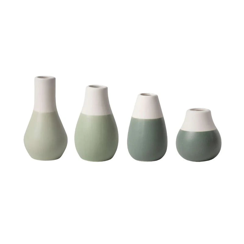 Set of 4 petite pastel green mini porcelain vases