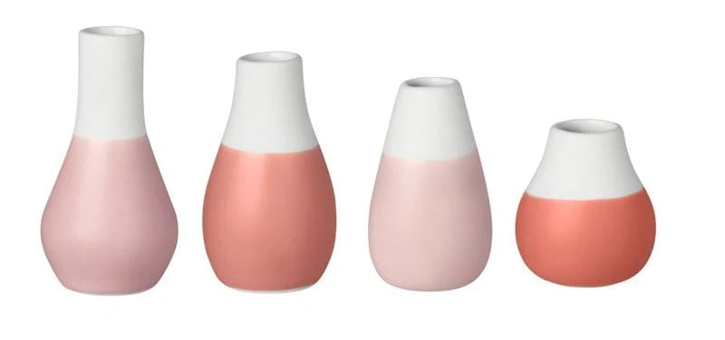 Set of 4 petite pastel red mini porcelain vases