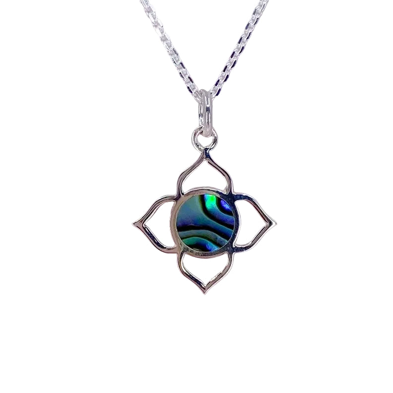 NZ Design Silver Paua Necklace with a petal shape pendant on a 40 - 45cm chain
