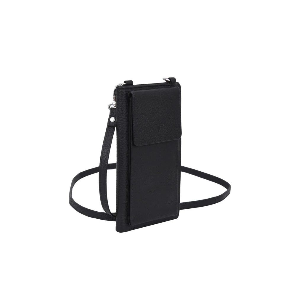 Urban Forest Phoebe Crossbody bag at Cerise featuring an 8 credit card slot wallet and phone pouch all in one.  Has an adjustable strap and RFID protection. Made from genuine leather available in Black.