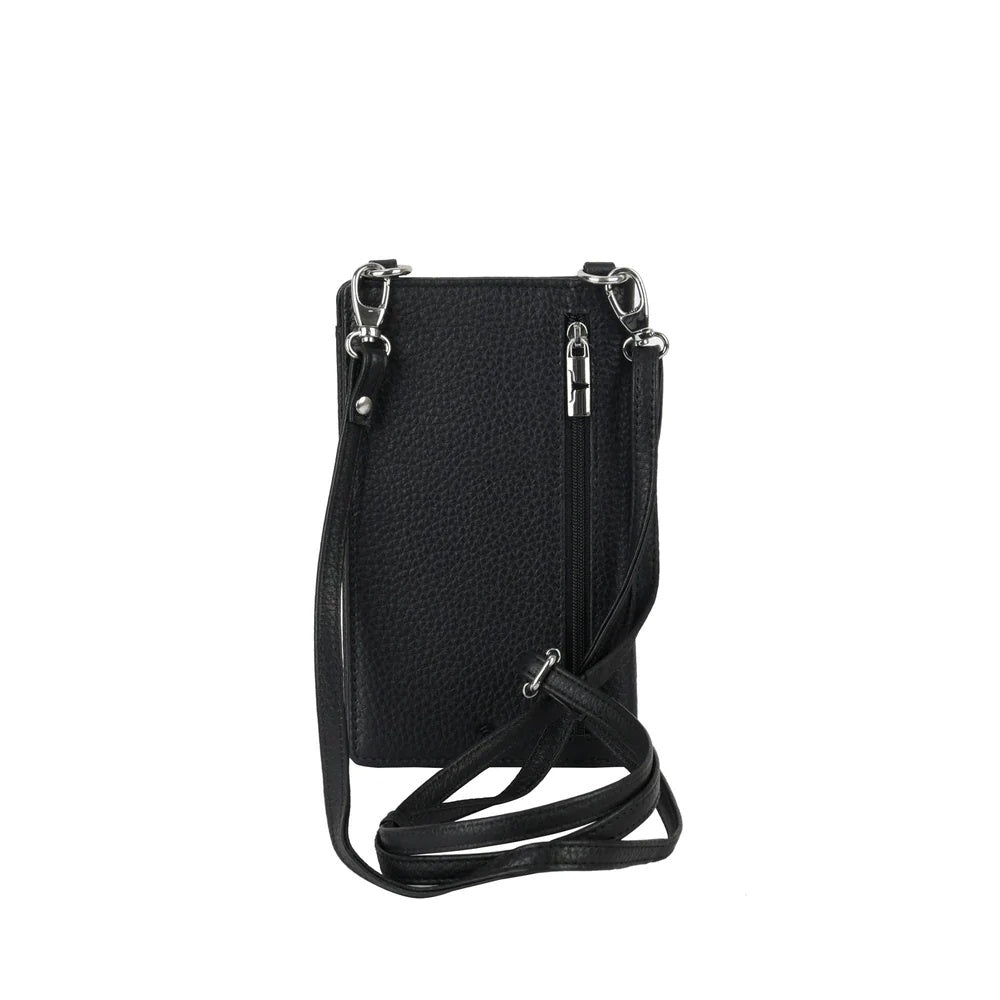 Urban Forest Phoebe Crossbody bag at Cerise featuring an 8 credit card slot wallet and phone pouch all in one.  Has an adjustable strap, seperate zip pouch on back and RFID protection. Made from genuine leather available in Black.