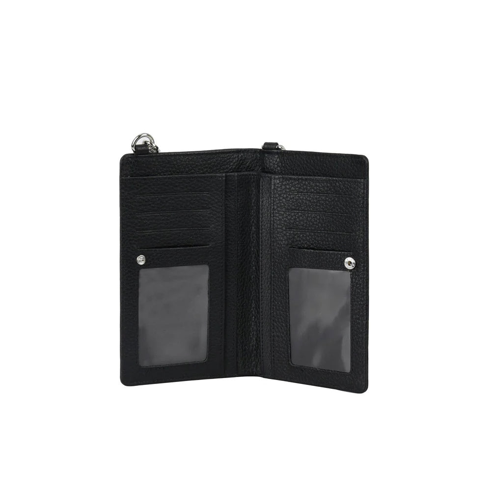 Urban Forest Phoebe Crossbody bag at Cerise featuring an 8 credit card slot wallet and phone pouch all in one.  Has an adjustable strap and RFID protection. Made from genuine leather available in Black.
