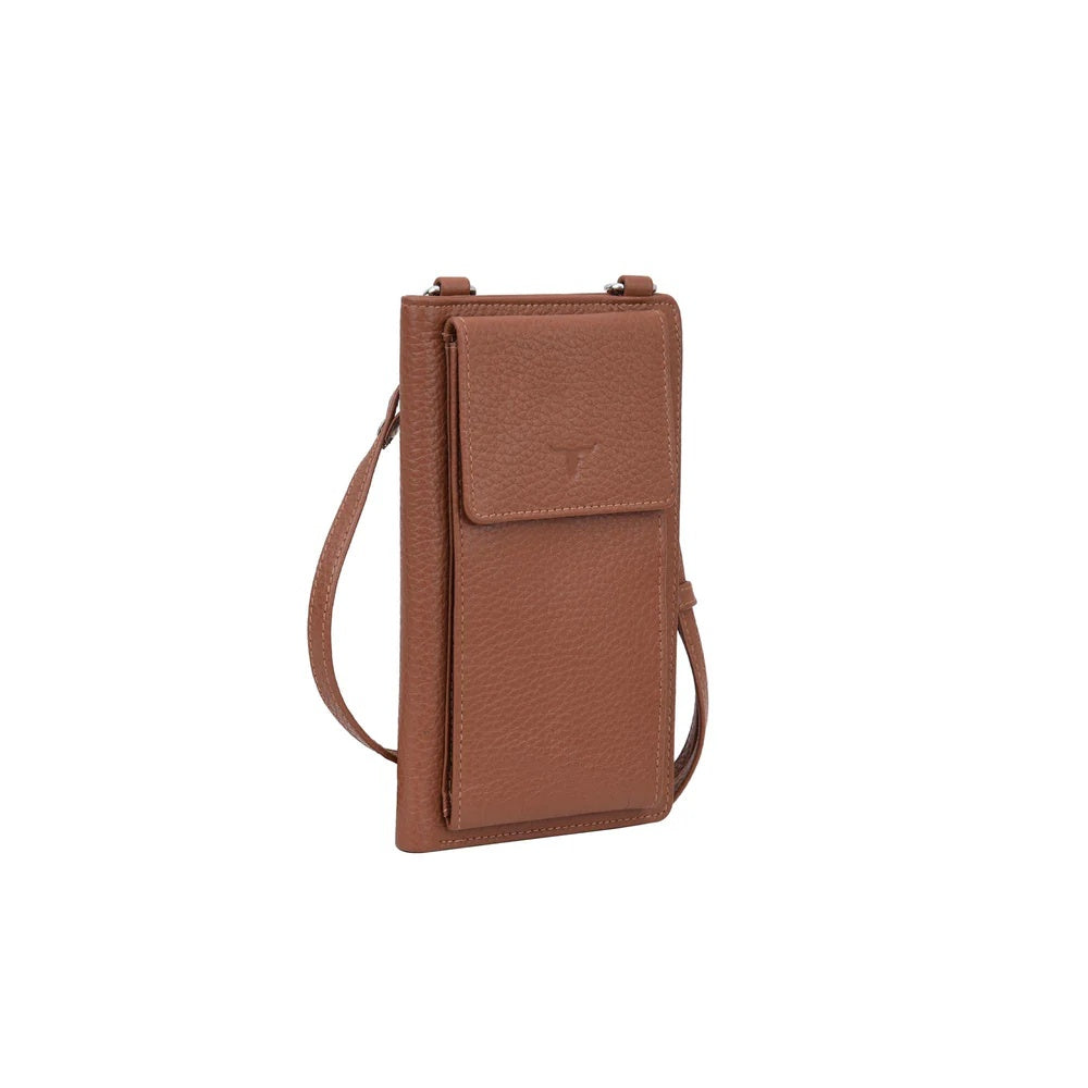 Urban Forest Phoebe Crossbody bag at Cerise featuring an 8 credit card slot wallet and phone pouch all in one.  Has an adjustable strap and RFID protection. Made from genuine leather available in Cocoa
