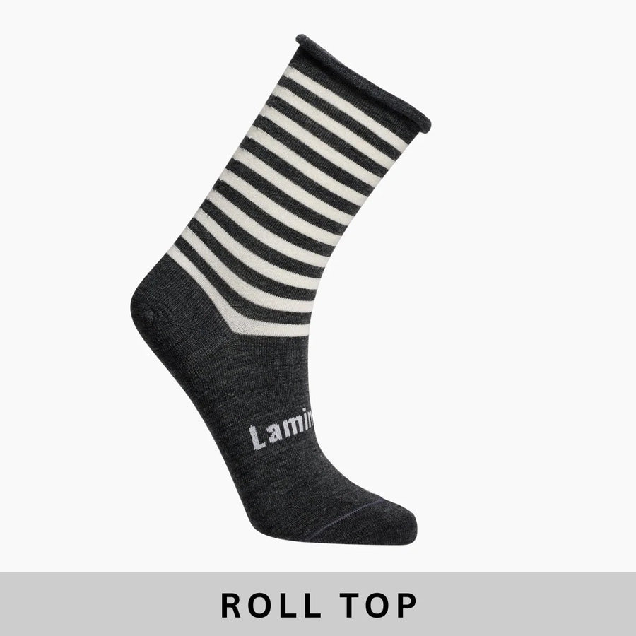 Black and white striped roll top sock on a white background