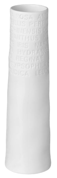White porcelatin poetry wase with botanical script on outside
