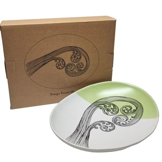 Jo Luding Design 24cm orcelain bowl in green and white with ponga frond