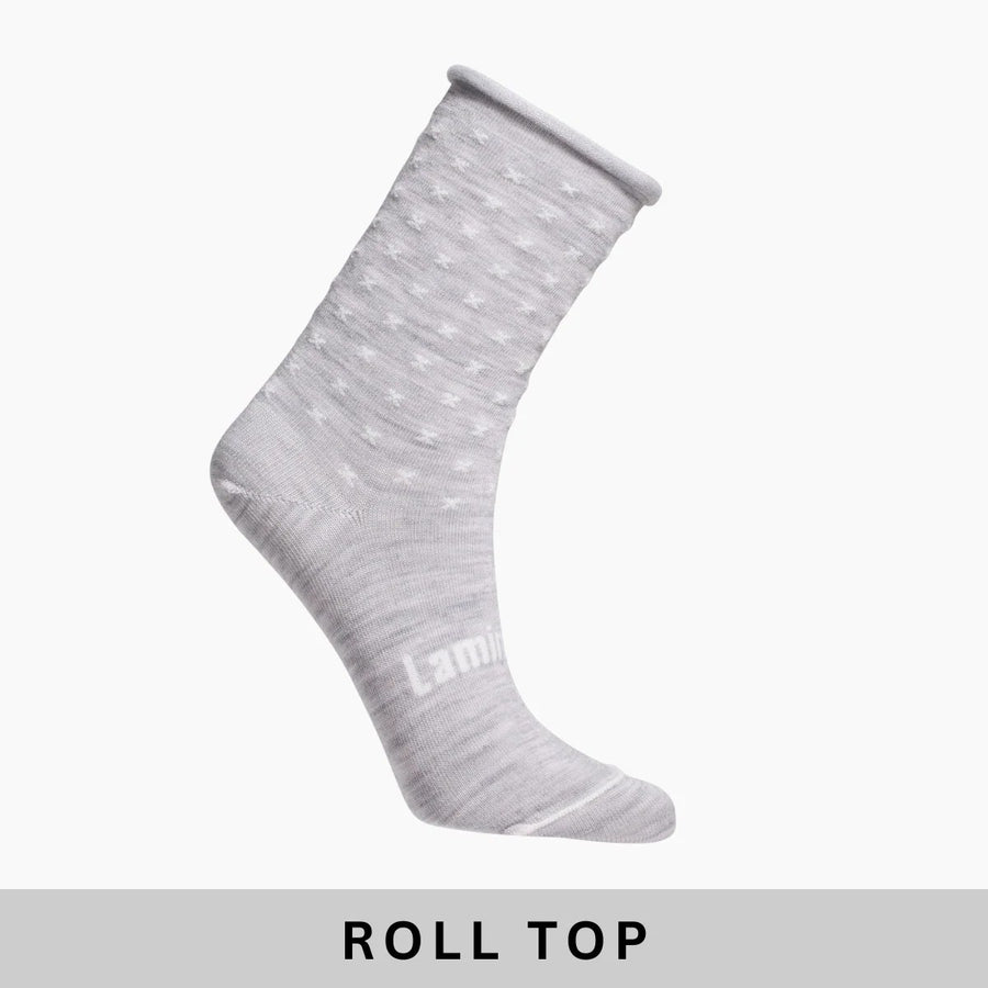 Grey Sock with white crosses and lamington brand on the front of foot
