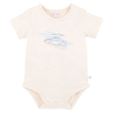 Baby short sleeved onesie with embroidered blue shark motive and snappy dresser words on a natural 100% cotton fabric