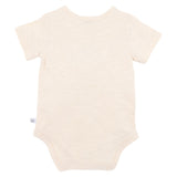 Baby short sleeved onesie with embroidered blue shark motive and snappy dresser words on a natural 100% cotton fabric, plain back shown here