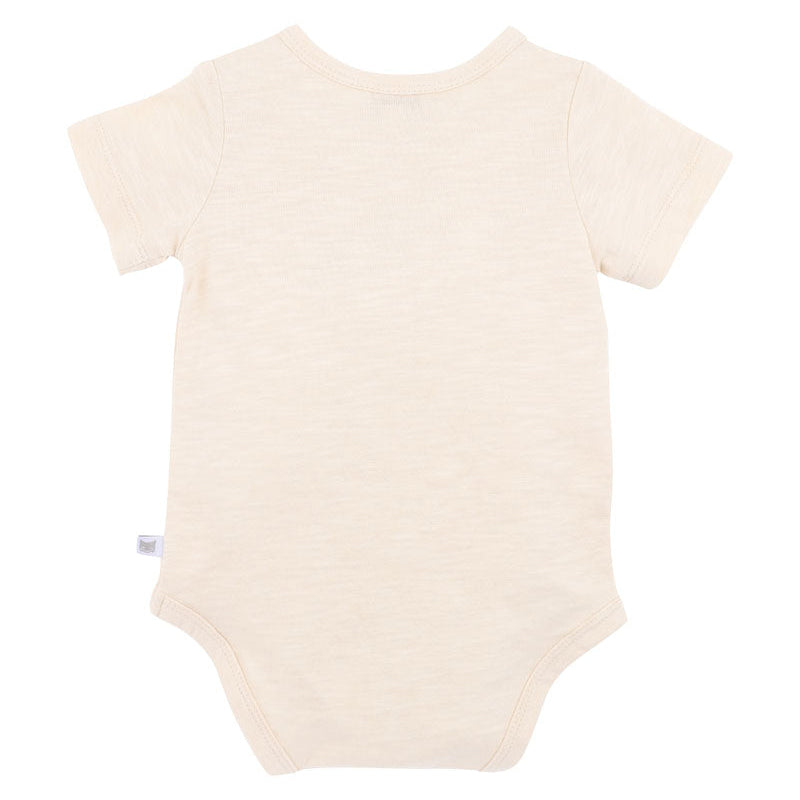 Baby short sleeved onesie with embroidered blue shark motive and snappy dresser words on a natural 100% cotton fabric, plain back shown here