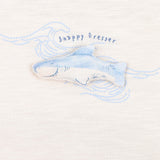 Baby short sleeved onesie with embroidered blue shark motive and snappy dresser words on a natural 100% cotton fabric