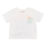 White t shirt with soft blue and orange "save the ocean" print in stylised waves and sun.
