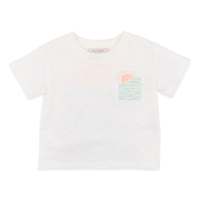White t shirt with soft blue and orange "save the ocean" print in stylised waves and sun.