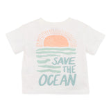 White t shirt with soft blue and orange "save the ocean" print in stylised waves and sun.