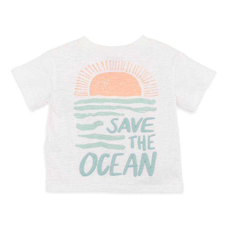 White t shirt with soft blue and orange "save the ocean" print in stylised waves and sun.