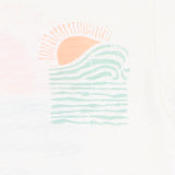 White t shirt with soft blue and orange "save the ocean" print in stylised waves and sun.
