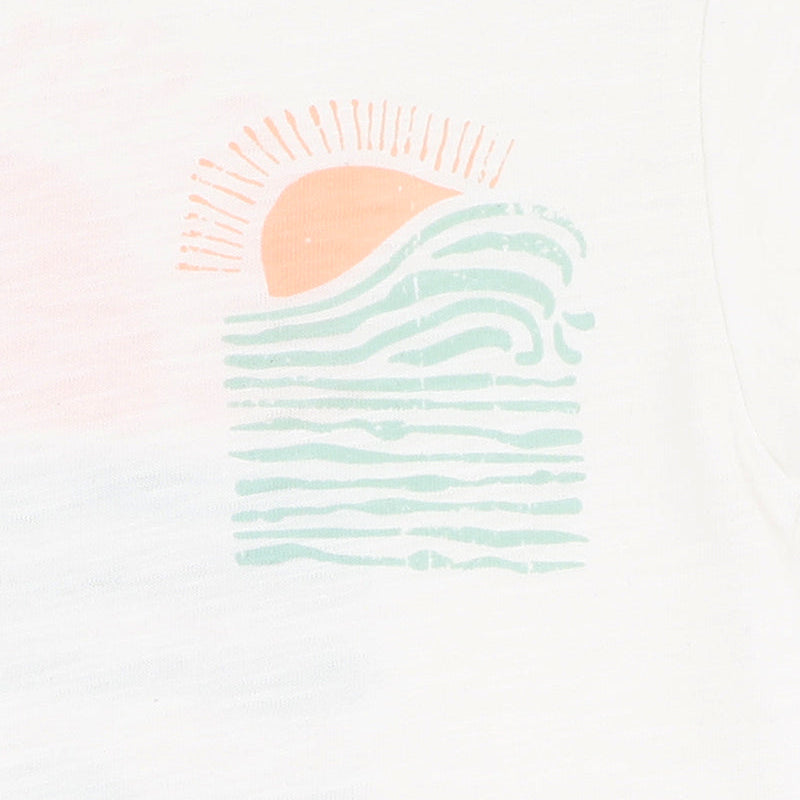 White t shirt with soft blue and orange "save the ocean" print in stylised waves and sun.
