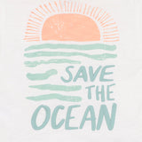 White t shirt with soft blue and orange "save the ocean" print in stylised waves and sun.