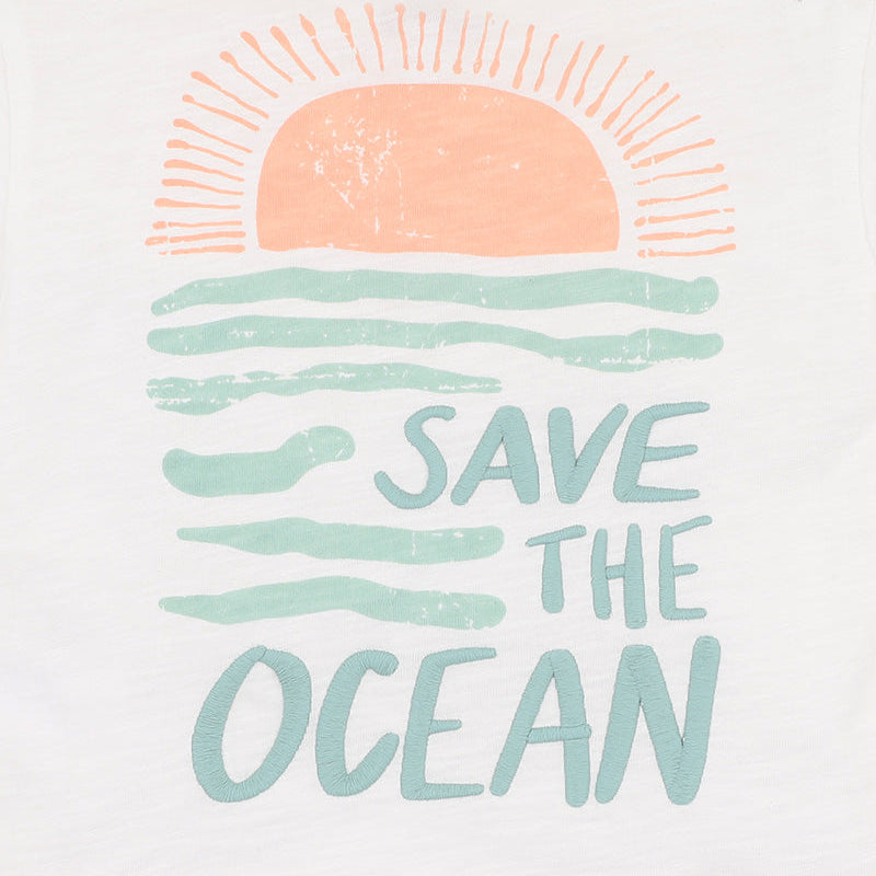 White t shirt with soft blue and orange "save the ocean" print in stylised waves and sun.