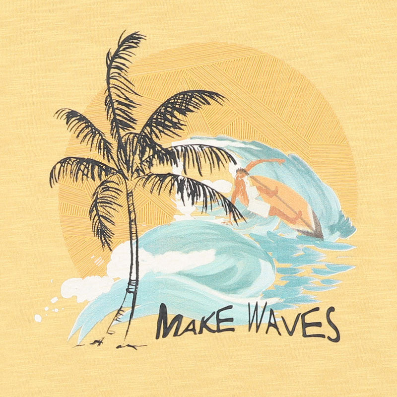 Yellow t shirt with surf print on front featuring "Make waves" logo