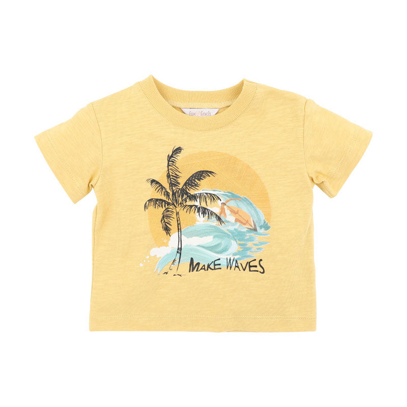 Yellow t shirt with surf print on front featuring "Make waves" logo