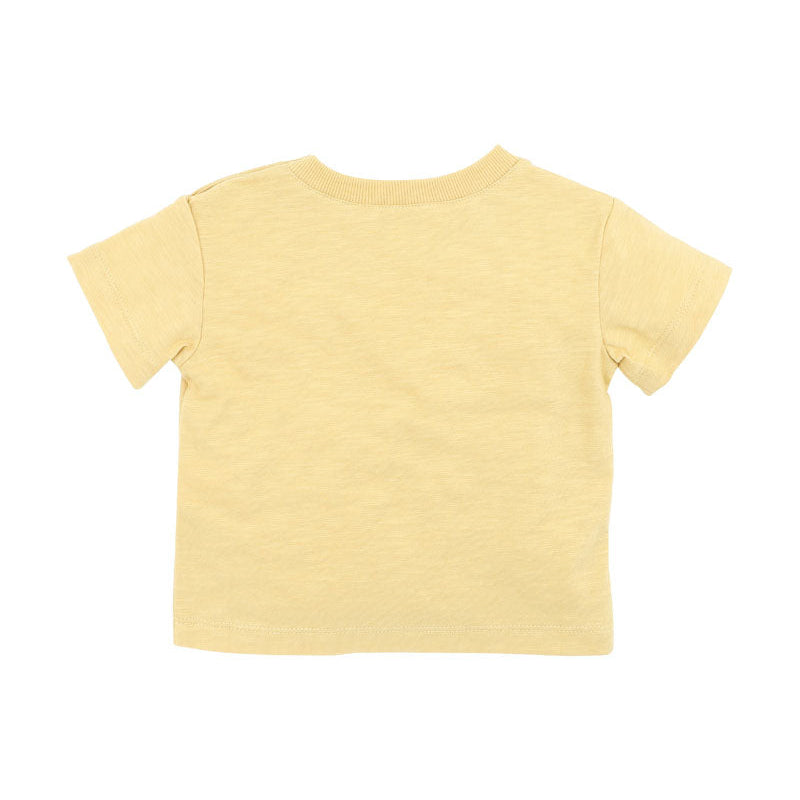 Yellow t shirt with surf print on front featuring "Make waves" logo - plain back shown here