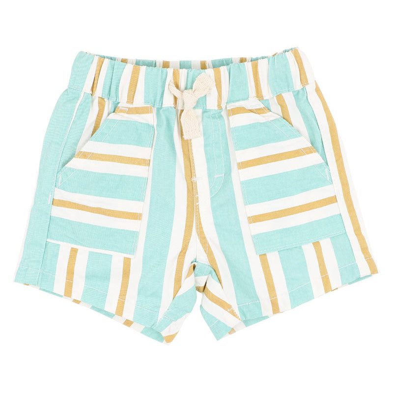 Stiped baby shorts in Turquoise, white and mustard with front pocket
