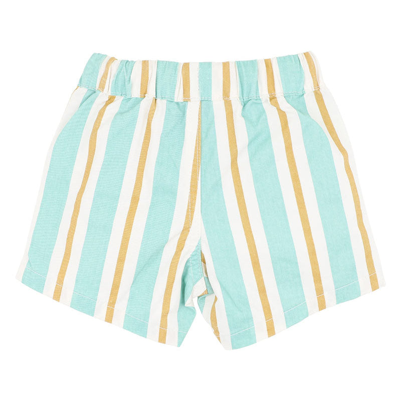 Stiped baby shorts in Turquoise, white and mustard with front pocket