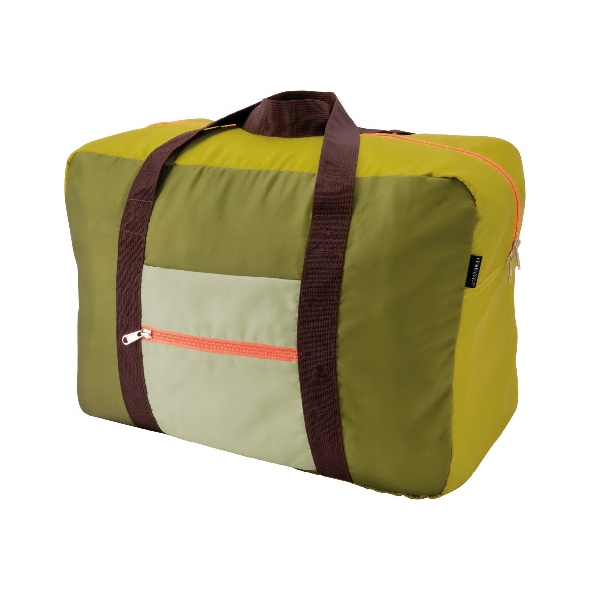 Remember Foldable Bag at Cerise in Liz design whch features varying earthy tones on green, grey and has a brown wedding handle.