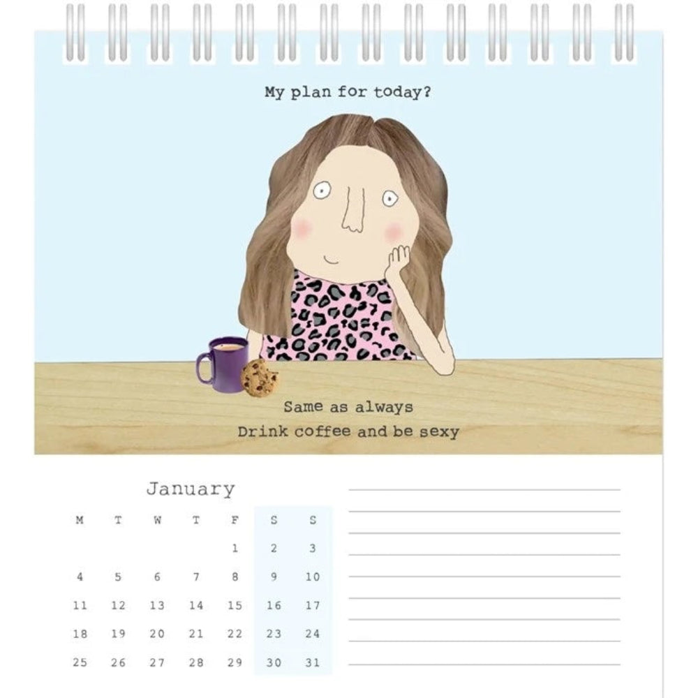 2027 Rosie Made a thing desk calendar at Cerise.  Features spiral binding and sits neatly on the desk with an easel design stand which folds out from flat. One month to a page each with its own quirky Rosie Made a Thing illustration and space for writing notes.