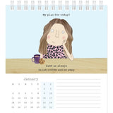 2027 Rosie Made a thing desk calendar at Cerise.  Features spiral binding and sits neatly on the desk with an easel design stand which folds out from flat. One month to a page each with its own quirky Rosie Made a Thing illustration and space for writing notes.