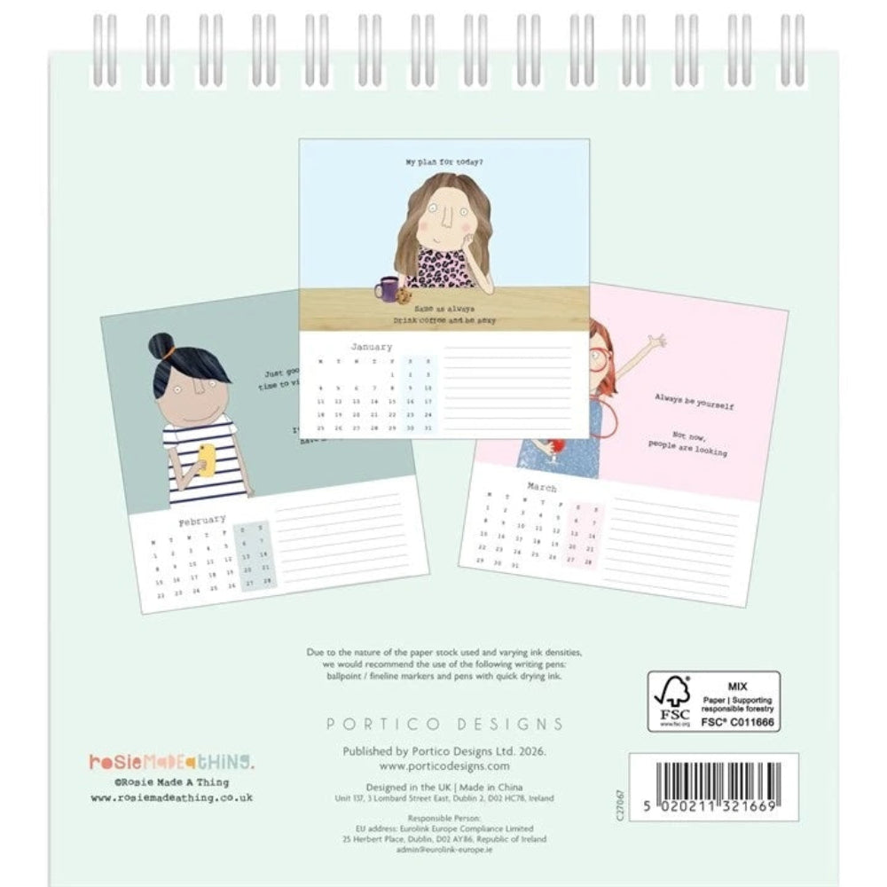 2027 Rosie Made a thing desk calendar at Cerise.  Features spiral binding and sits neatly on the desk with an easel design stand which folds out from flat. Has twelve mothly illustrations for inspiration as you take on the year!