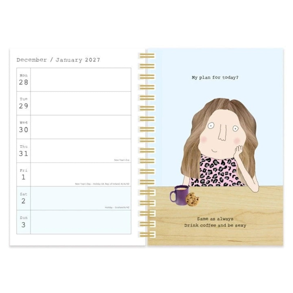 2027 Rosie Made a Thing a5 diary at Cerise.  Features a hard back cover with spiral binding and a week to view page set up.