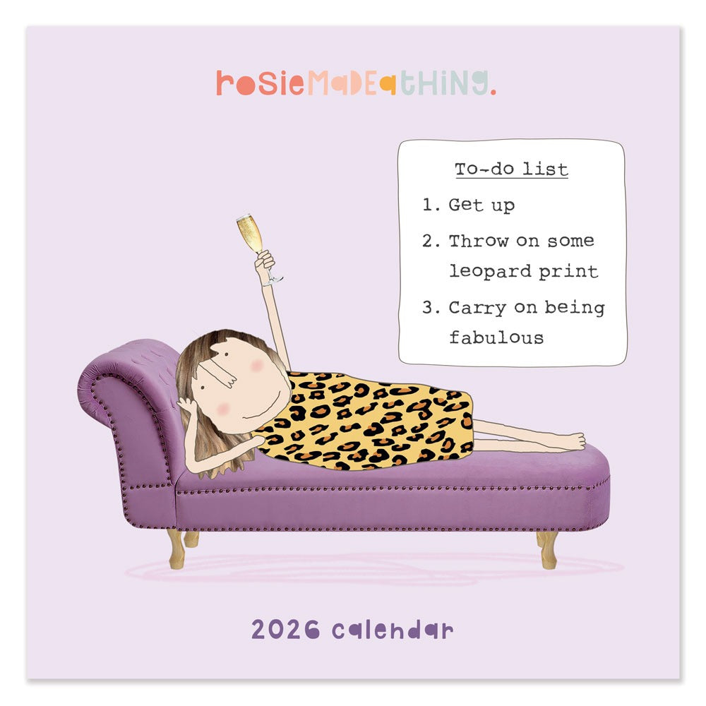 Rosie Made A Thing 2026 calendar with illustration of a woman on a couch wearing a leopard print dress.