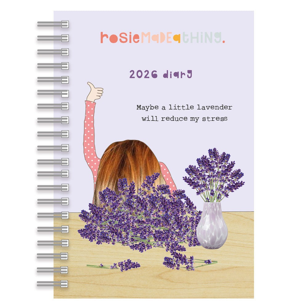 2026 diary with illustration of a person behind lavender flowers, brand 'rosie made things' visible