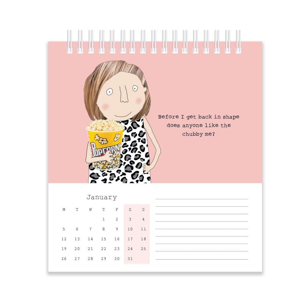 Calendar with illustration of a person holding popcorn and text on a pink background