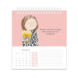 Calendar with illustration of a person holding popcorn and text on a pink background