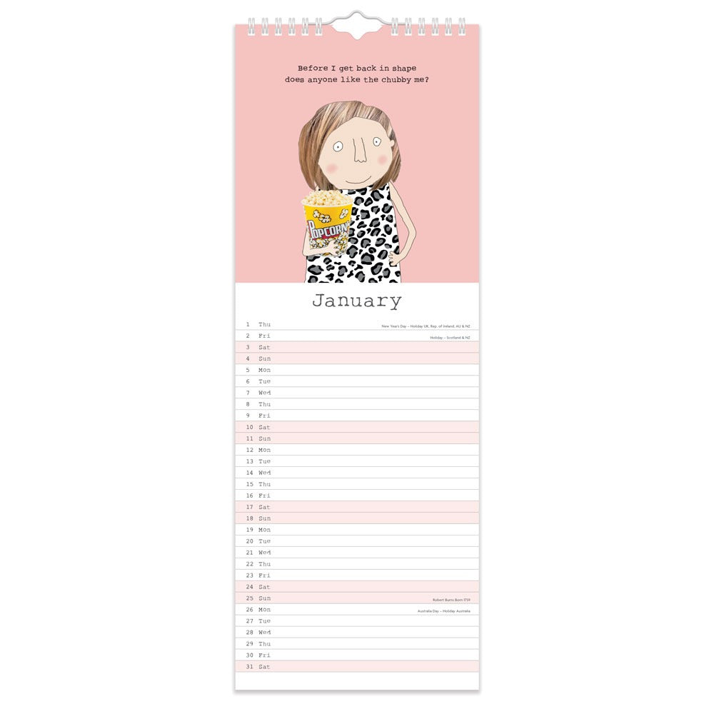 Inside view of Rosie calendar with illustration and month the view plage.