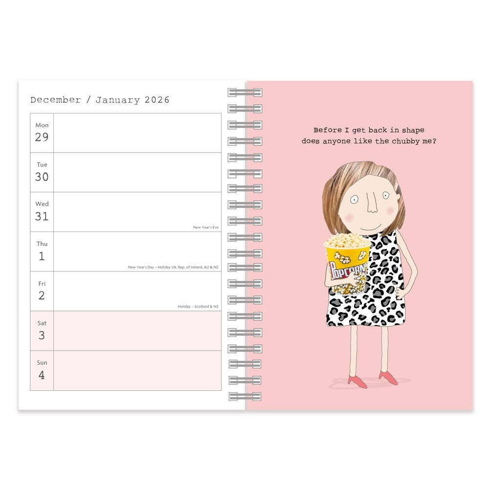 Calendar  showing week to view page and with a design of a person holding popcorn and text on a pink background