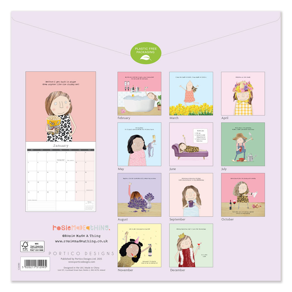 Back cover of Rosie made a thing square calendar showing different pictures on each months page