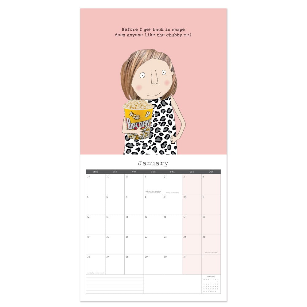 Inside view of Rosie made a thing 2026 calendar showing picture and month to view.
