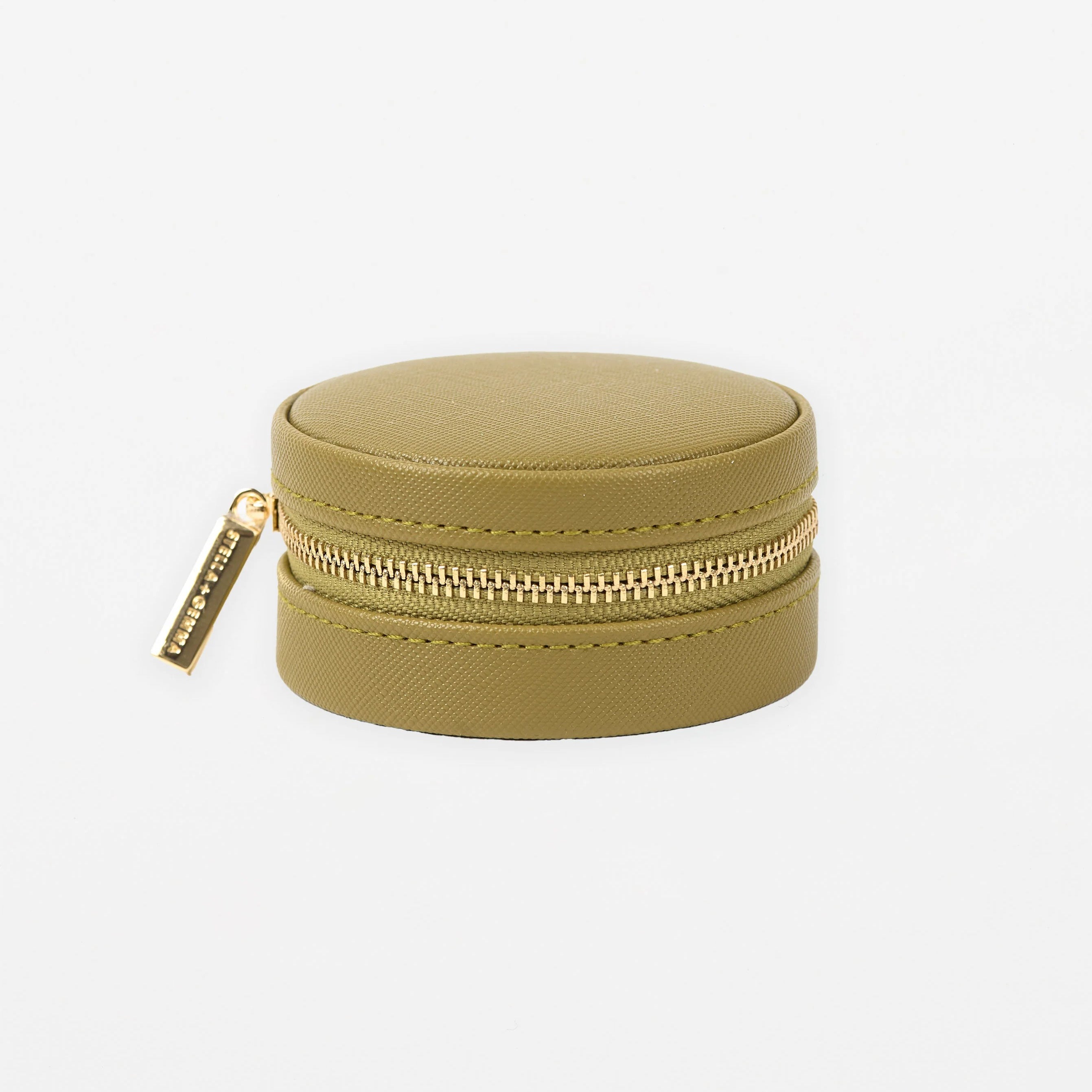 Khaki Coloured round  Jewel Box with gold zip