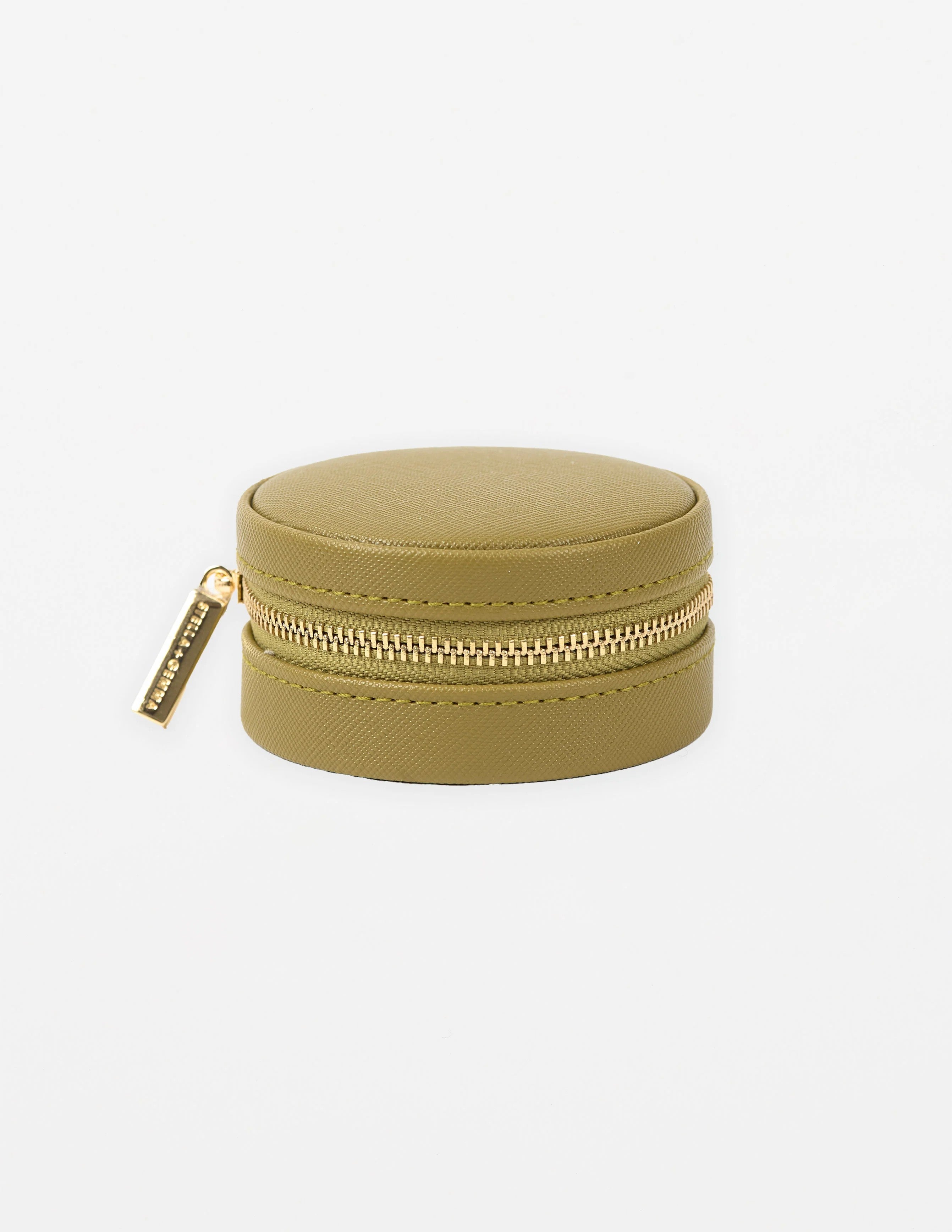 Khaki Coloured round  Jewel Box with gold zip