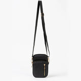Black crossbody bag with a strap on a white background