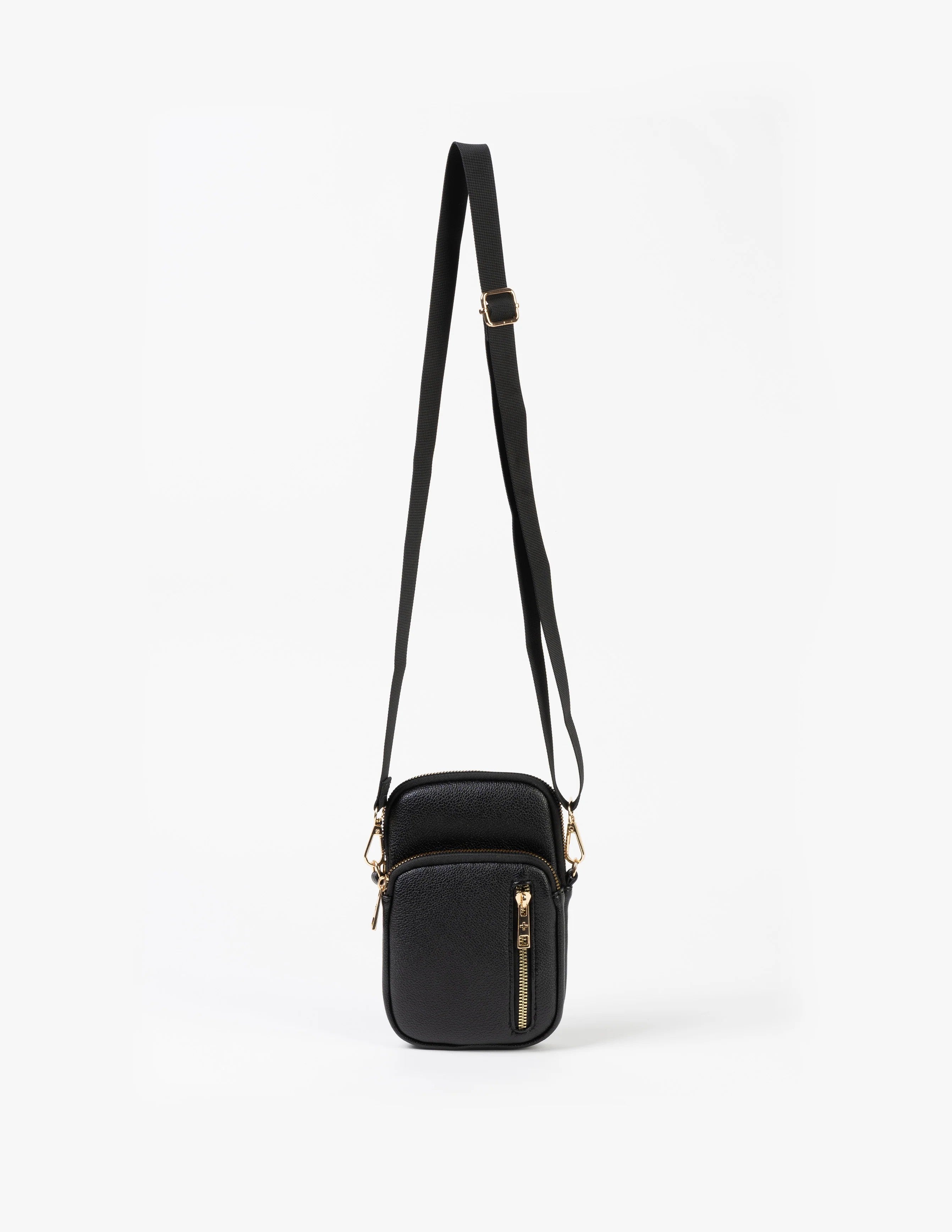 Black crossbody bag with a strap on a white background
