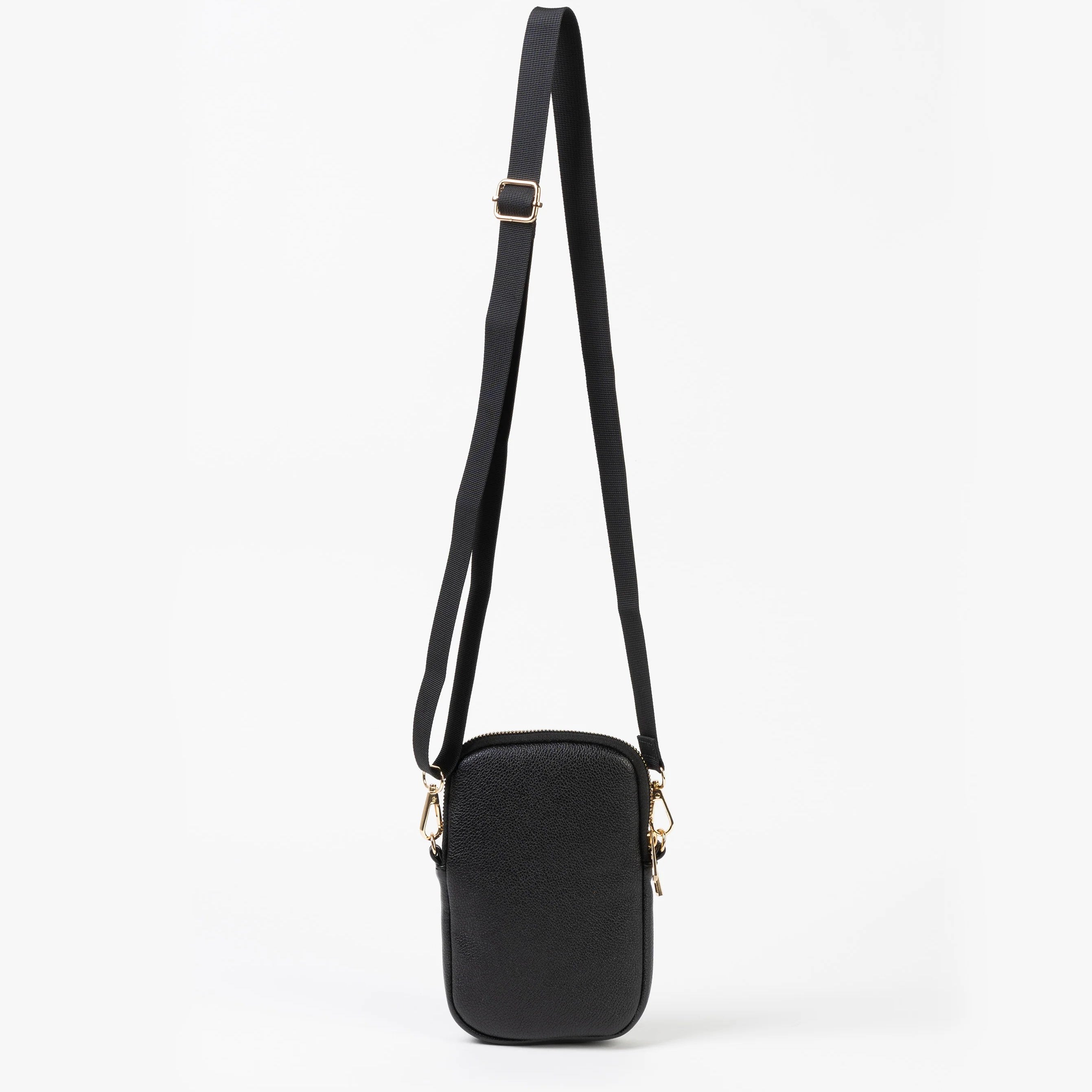 Black crossbody bag with a strap on a white background