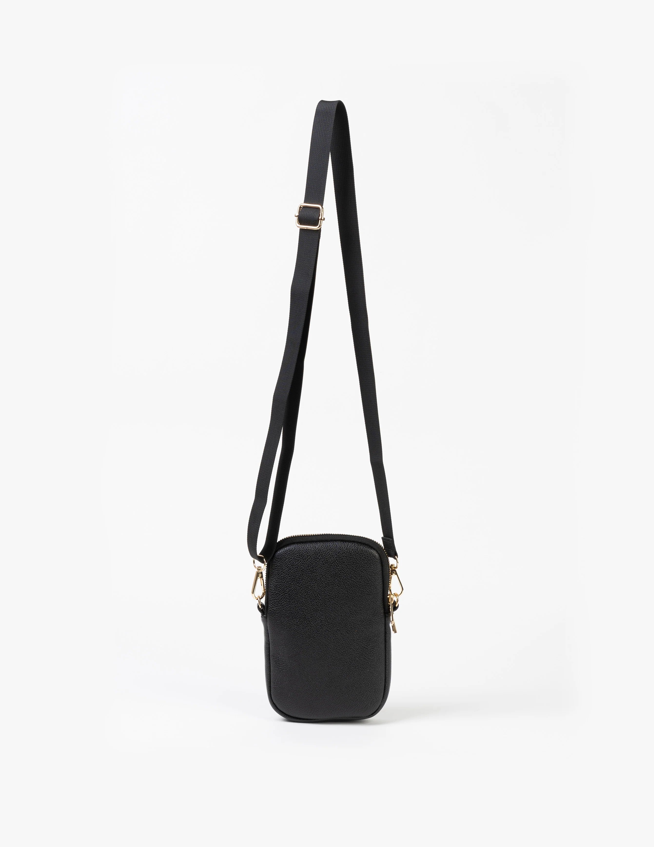 Black crossbody bag with a strap on a white background