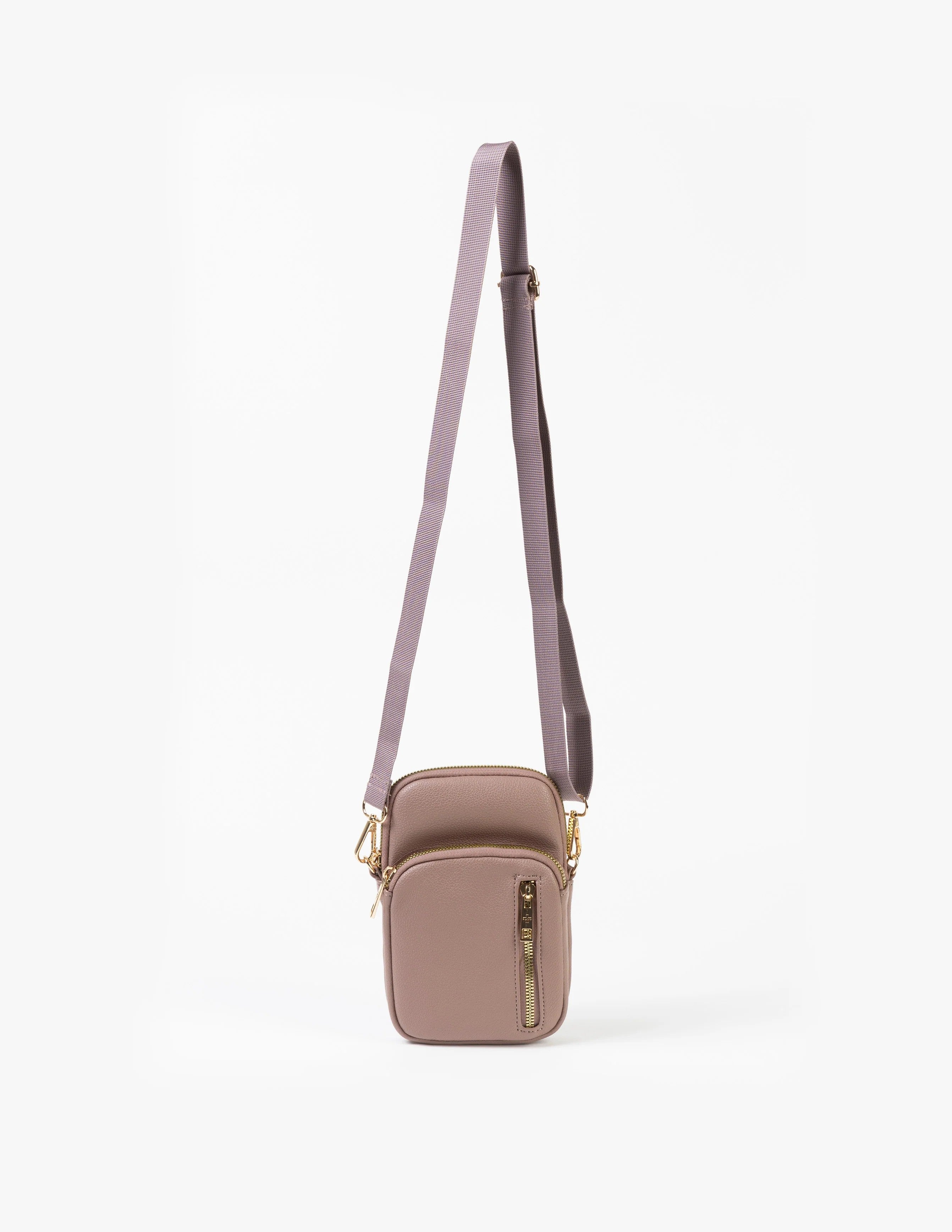 Small rose crossbody bag with a strap on a white background