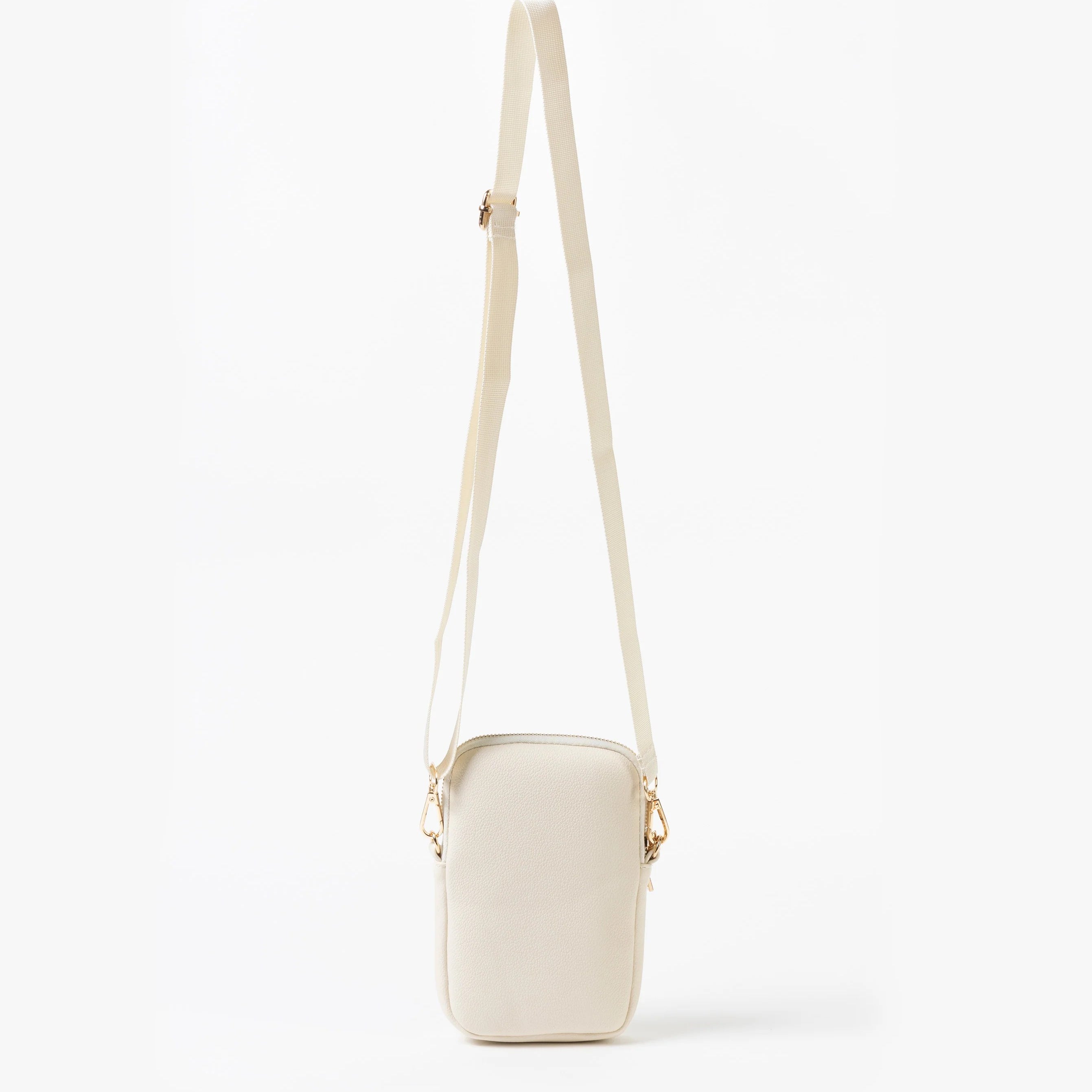 White crossbody bag on a white background